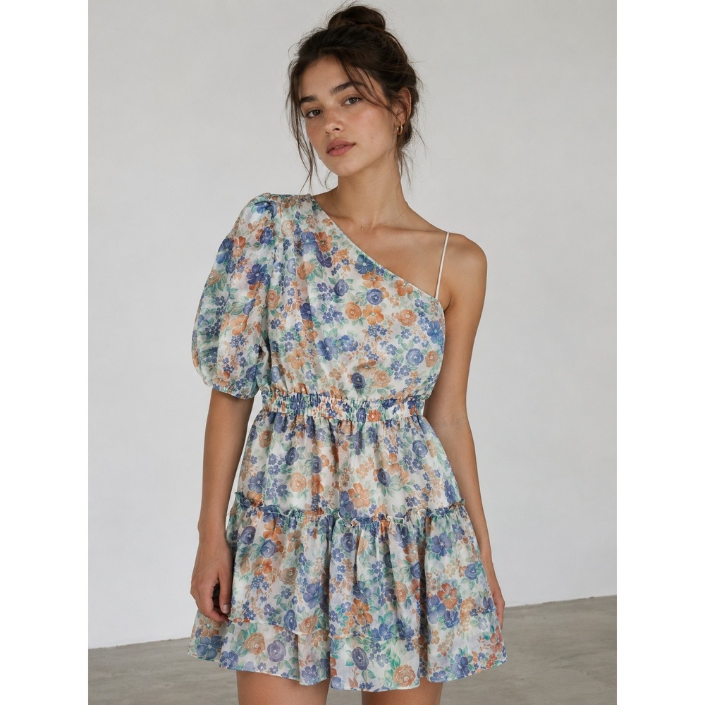 NWT WAYF Womens One Shoulder Dress Small Floral Cottagecore Coquette Mini